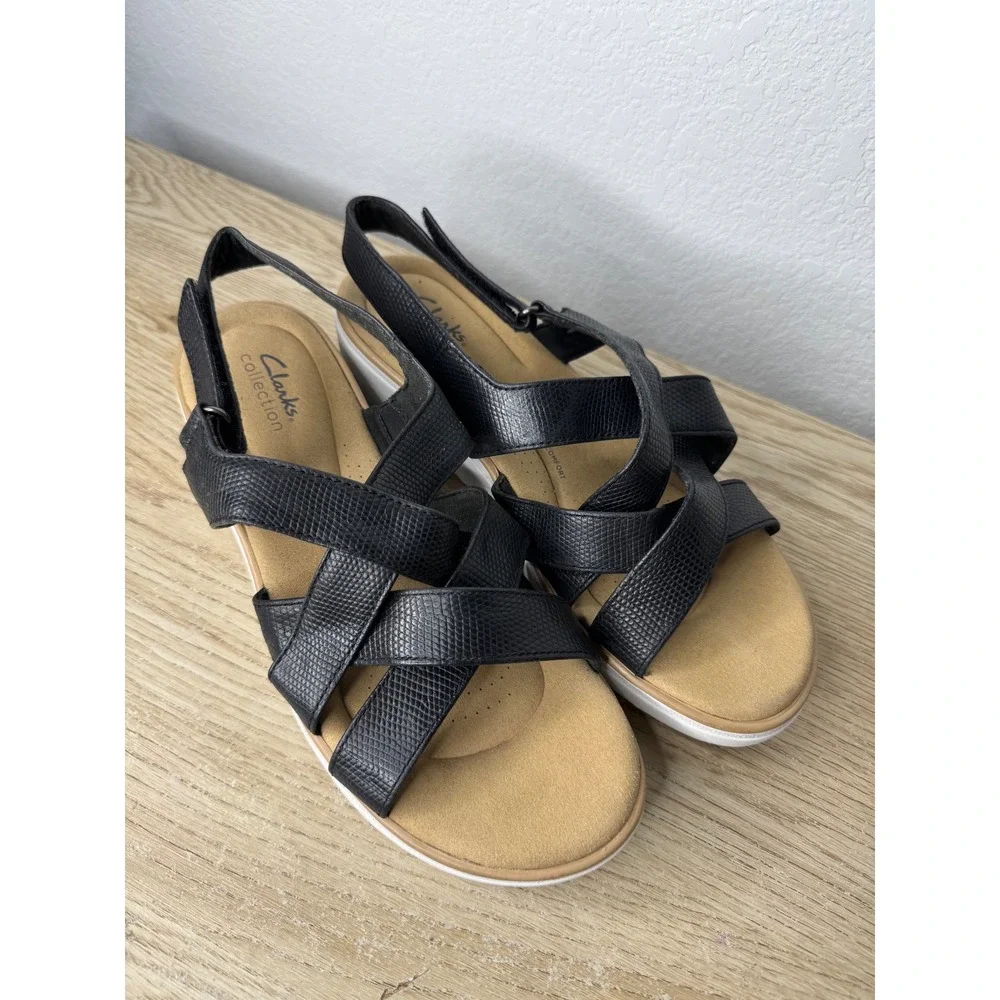 Clarks Collection Jillian Black Snakeskin Strappy Wedge Sandals‎ Womens 10W